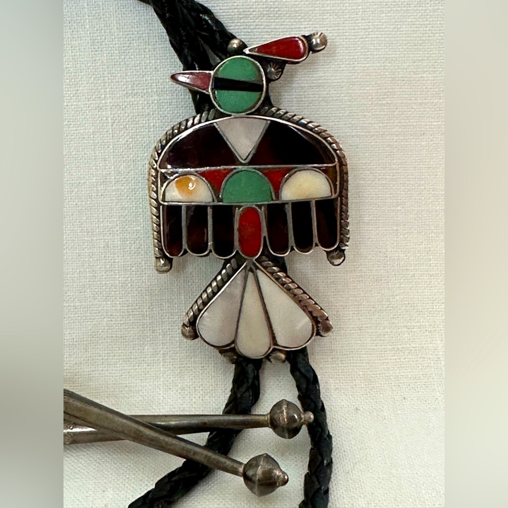 Vintage 1960s Native American Zuni Bolo Tie with Channel Inlay Thunderbird